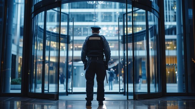Professional security guard in uniform standing by the revolving doors of a modern office building