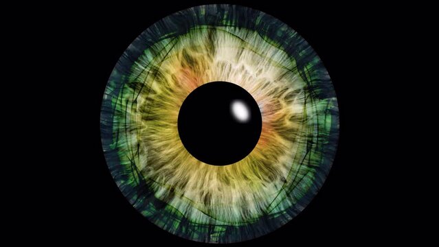 Close-up of a blue human iris with psychedelic multicolored patterns