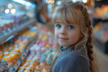 Fototapeta premium A child gazes eagerly at a colorful shop display filled with an array of tempting sweets, highlighting the wonder and joy of childhood indulgence