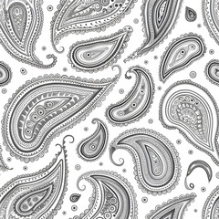 A black and white paisley patterned design with a white background