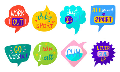 Sport phrases badges. Doodle positive motivational lettering quotes, typography stickers design. Training and workout, neoteric vector bubbles set
