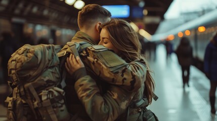 Woman tightly embracing a uniformed soldier on a train platform