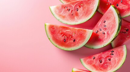 Fresh slices of watermelon cascading onto a vibrant pink backdrop