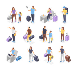 Isometric travel people. Men women with luggage, backpack and suitcases waiting transport. Passengers with coffee and bags, flawless vector set