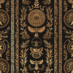 A gold and black design with birds and leaves