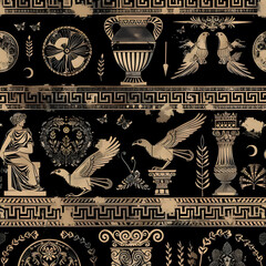 The image is a black and white pattern of various Greek and Roman symbols