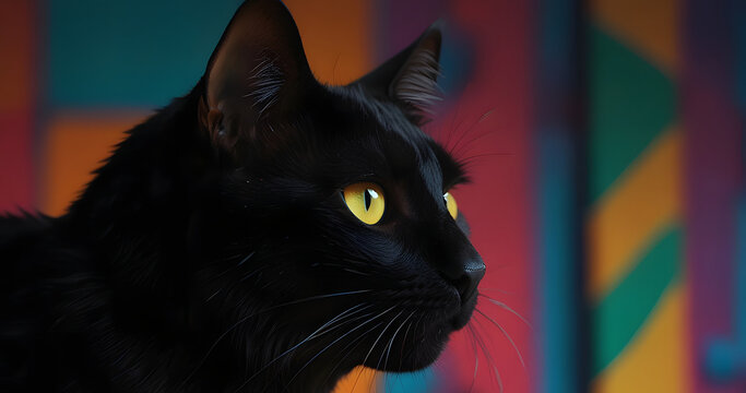 black cat portrait , Colourful Black, Gamine, long shot, untextured, High contrast, Collage, jazzy colors