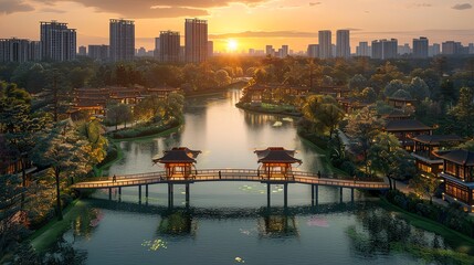 Fototapeta premium Serene sunset view of a tranquil river with traditional bridges and lush greenery in an urban cityscape.