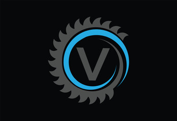 Sawmill emblem logo vector for carpentry,with latter V
