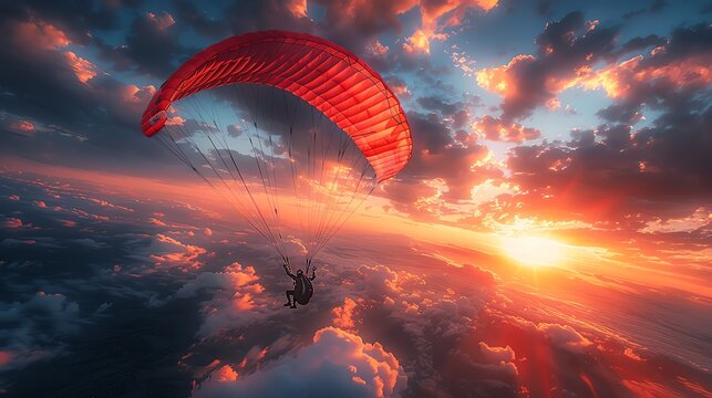 Spectacular sunset paragliding over clouds with vibrant colors in the sky, capturing the thrill and beauty of the adventure.