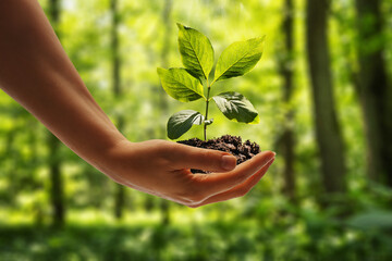 Humand hand holding a young plant against green sunny forest background. Sustainable development in...