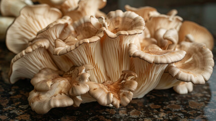 A close-up of fresh oyster mushrooms on a granite countertop.