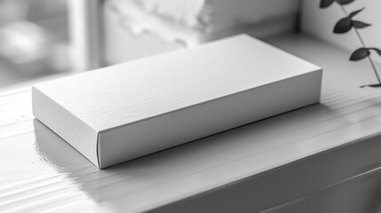 Minimalist closed white rectangular box on a shiny white surface with a plant in the background. Modern and clean packaging concept.