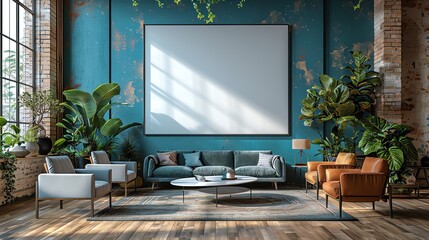 Modern living room with vibrant blue wall, white projector screen, stylish furniture, and lush greenery creating a cozy ambiance.