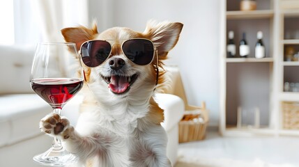 Chihuahua in Sunglasses Savoring Wine with a Happy Grin: Modern Portrait