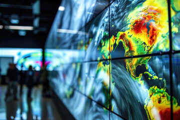 A dynamic display of weather modeling software on a large screen, showcasing predictive animations of climate patterns and weather events.
