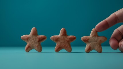 A hand reaches towards three small star-shaped cookies representing rating - Powered by Adobe