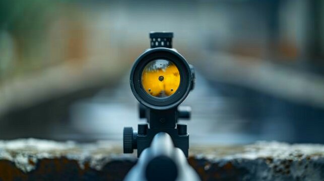 A close up of a gun's scope with a yellow dot in the center