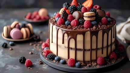 A modern drip cake with layers of moist cake, covered in a glossy chocolate ganache drip, and decorated with an assortment of macarons and fresh berries - Powered by Adobe