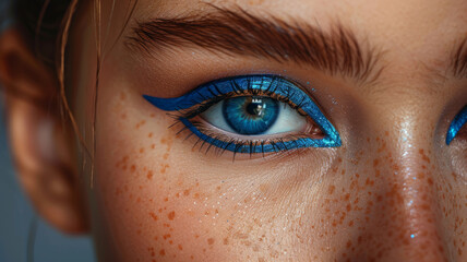 Close-up of a young woman's blue eye with blue eyeliner and freckles.