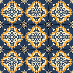A blue and yellow tile pattern with a star in the center
