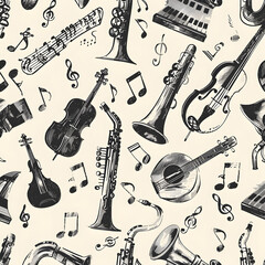 Fototapeta premium A black and white drawing of various musical instruments, including a saxophone