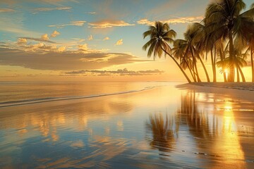 Stunning sunset over a tropical beach with palm trees and golden reflections in the calm ocean water.