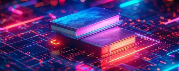 Nighttime study session with digital tools organizing study materials, cool blues and purples, neon glow, digital art