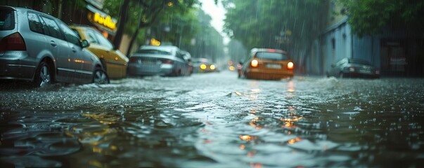 Obraz premium Rainstorm at the height of summer, streets flooding, people scrambling, dramatic highdefinition photo style