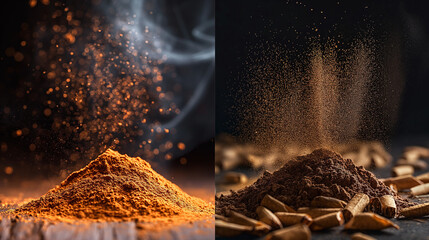Product photo of some tobacco  powder in the air and in the middle on the left. Small amount of green-brown powder coming out of the tobacco is spraying towards the left. Generative AI Illustrations.