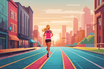 cartoon in artistic style of a race track in the middle  a woman running illustration