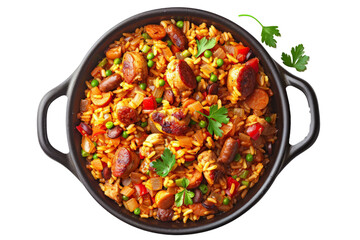 Spicy Jambalaya: A colorful Louisiana-style rice dish with chicken, sausage, and vegetables in a top-down view.