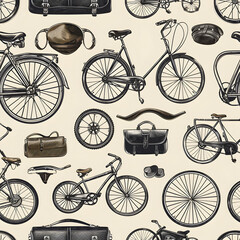 A black and white image of various bicycle in tile pattern, textile pattern