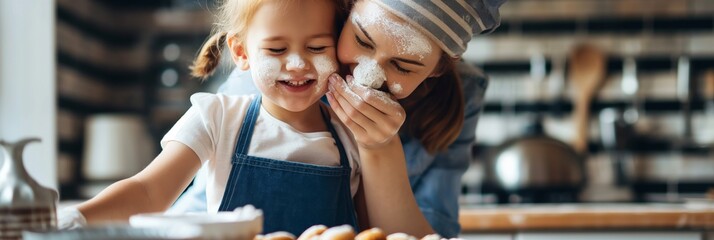 A joyful scene of a mother and child enjoying baking together in the kitchen, with flour on their faces