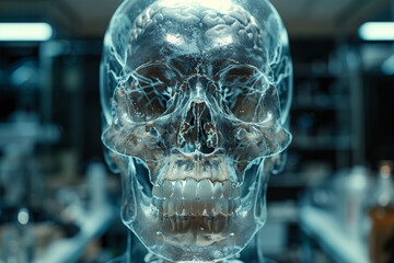 Research on the human brain, featuring a translucent skull with highlighted neural pathways in a cutting-edge laboratory