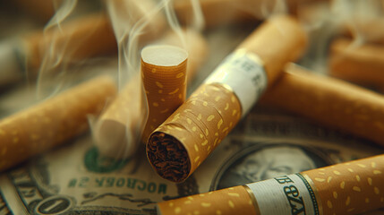 Tobacco money, a new type of cigarette that is a big reversal on the disasters of the world backgrounds. To the Era without Tobacco Tax. Generative AI Illustrations.