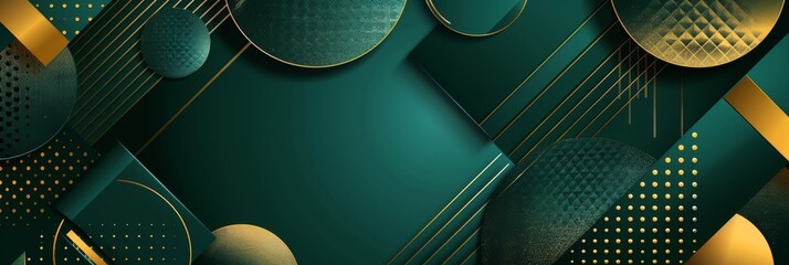 Turquoise abstract background with golden linear pattern and with circles. Art deco ornament banner design. High quality photo