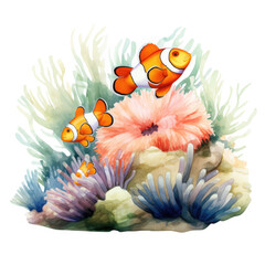 Watercolor Sea Anemone And Clownfish, clipart Illustration, Generative Ai
