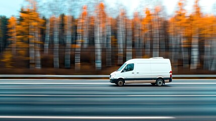 Fototapeta premium a white cargo van speeding along the highway, its motion blurred by the fast-paced journey.