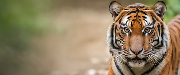 Fototapeta premium A powerful tiger gazes intently at the viewer, its striped fur and piercing eyes conveying a sense of strength and majesty. The blurred background emphasizes the tiger's focused gaze.