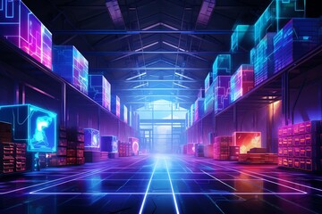 Fototapeta premium The image is a digital rendering of a futuristic warehouse