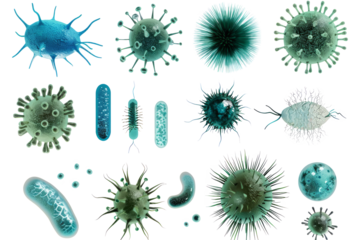 set of microbe and virus icons with a focus on common bacteria like E. coli and Staphylococcus aureus.