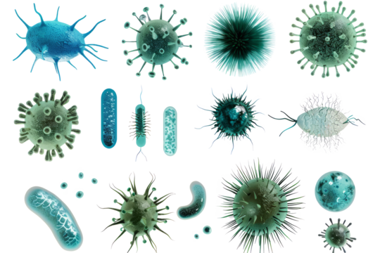 set of microbe and virus icons with a focus on common bacteria like E. coli and Staphylococcus aureus.