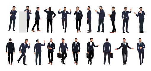 Businessman character in different poses. Handsome business man in formal suit standing, walking with phone, briefcase, front, back, side view. Vector realistic illustration on transparent background
