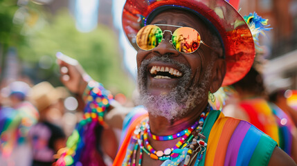 Happy senior gay african american black man dancing at pride parade in New York City. Inclusion & diversity at NYC pride month. Colourful rainbow lgbtq+ outfit