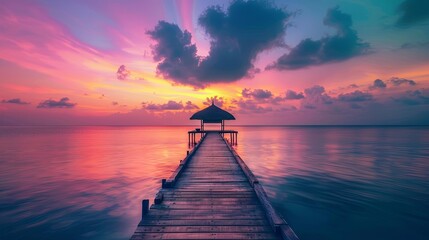 Obraz premium Jetty and Small Hut with Colorful Dawn Sky