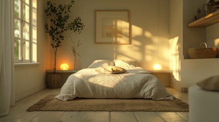A cozy, minimalist bedroom with soft, muted colors, a comfortable bed, and gentle lighting, creating a relaxing and peaceful atmosphere.