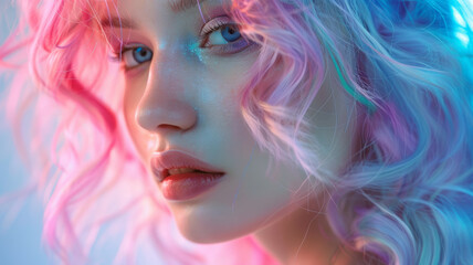 Young woman with pastel pink and blue hair, close-up portrait.
