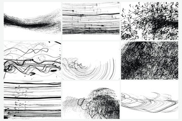 Obraz premium Abstract drawing pattern set. Scribbled hand drawn backgrounds. Organic grunge textured overlapping wavy shapes and lines. Striped flat swatch. Speeding drunk party vision. Vector.