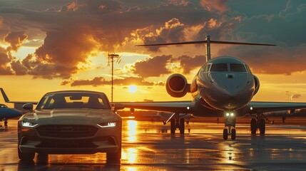 Fototapeta premium Private Airplane Business Jet and Luxury Car at Airport at Sunset